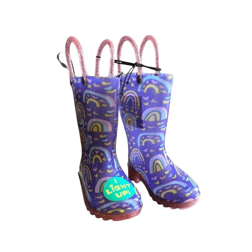 NWT Western Chief Toddler Girls‎ Abby Rainbow Hearts Glitter Light-Up Rain Boots
